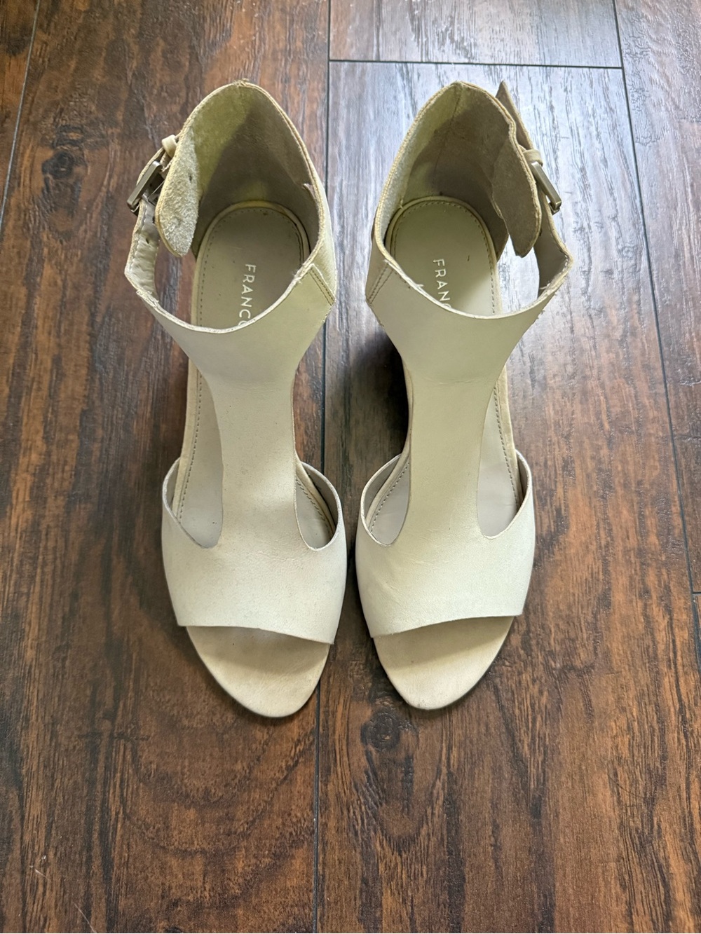 Franco Sarto Cream Open-Toe T-Strap Ankle Strap Heels